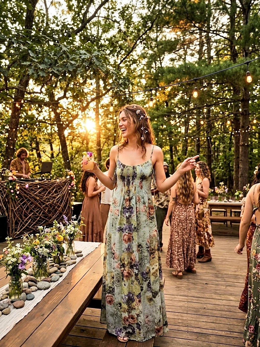 Mystree Floral Maxi Dress in Green Like New